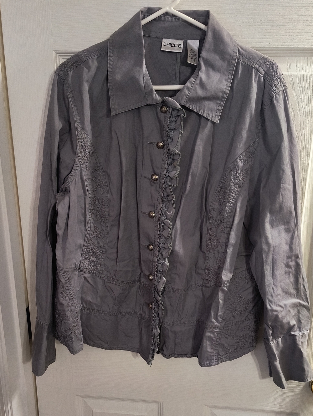 Chico's Light Gray Ruffled Button-Front Jacket